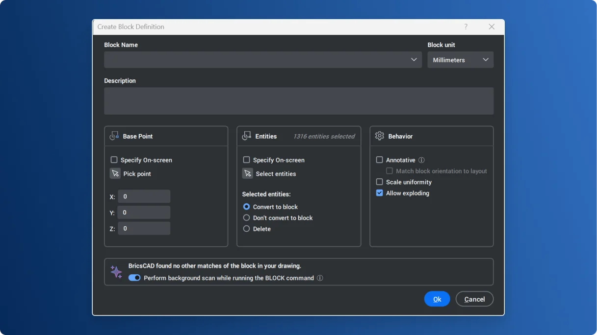 Funkcja Blockify w oknie tworzenia bloku BricsCAD V26