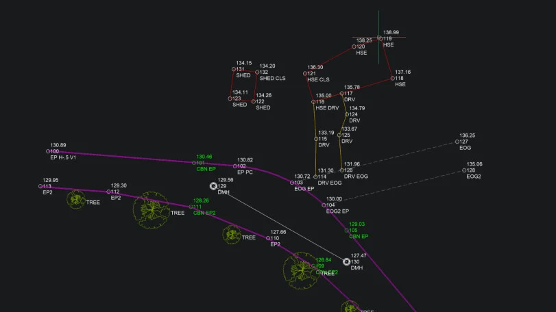 Rysunek liniowy utworzony z kodów punktów geodezyjnych w BricsCAD V27