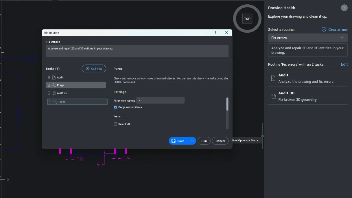 Panel kontroli stanu rysunku z edycją procedury w BricsCAD V27