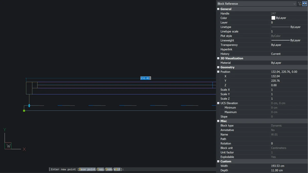 Blok dynamiczny ściany z parametrami w edytorze bloków BricsCAD V27