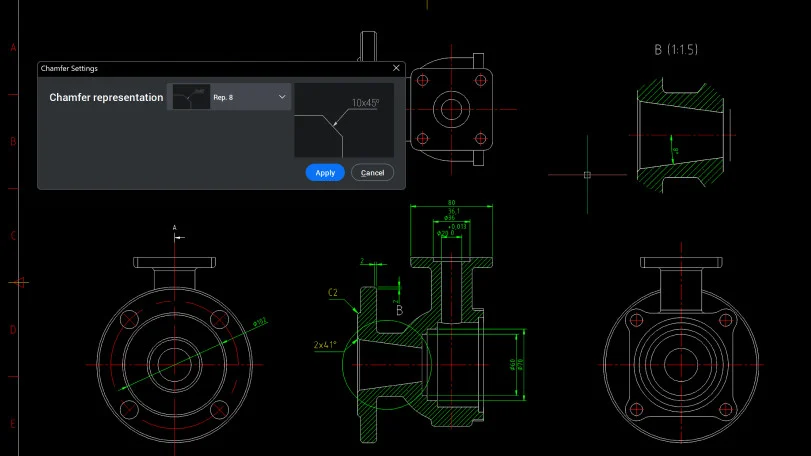 Rysunek wykonawczy zaworu wymiarowany narzędziem Power Dimensions w BricsCAD V27