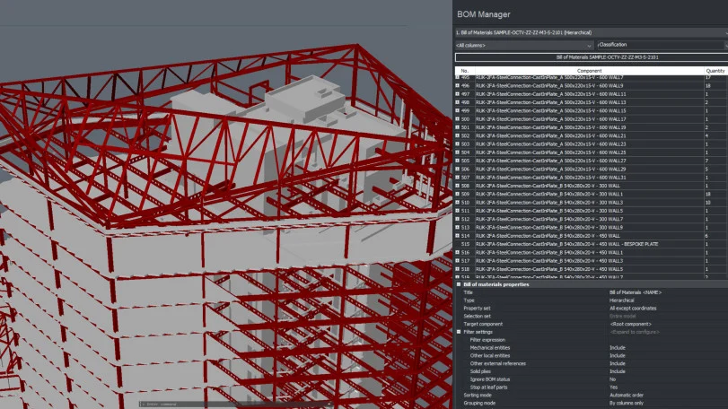 Model budynku o konstrukcji stalowej z właściwościami BIM w BricsCAD V27