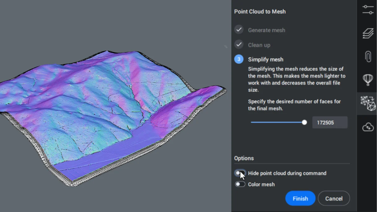Kolorowa siatka terenu wygenerowana z chmury punktów w BricsCAD V27