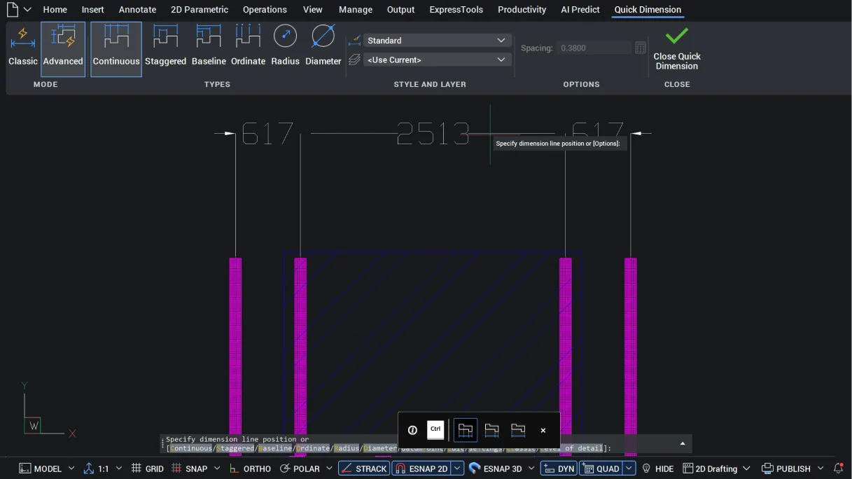 Szybkie wymiarowanie QDIM w BricsCAD V27 z kontekstową wstążką